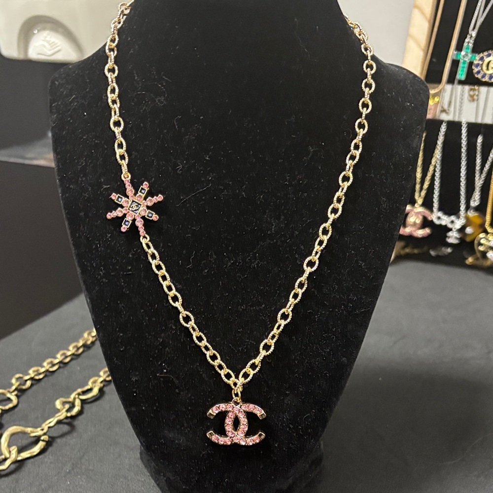 Gold and Pink CC Pendant Necklace